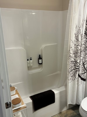 Combined shower/bathtub, eco-friendly toiletries, hair dryer, towels