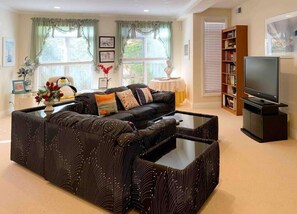 Télévision, cheminée, chaîne hi-fi