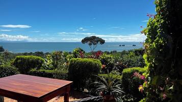 An outdoor patio with a wooden table and chairs, surrounded by lush greenery and a view of the sea.