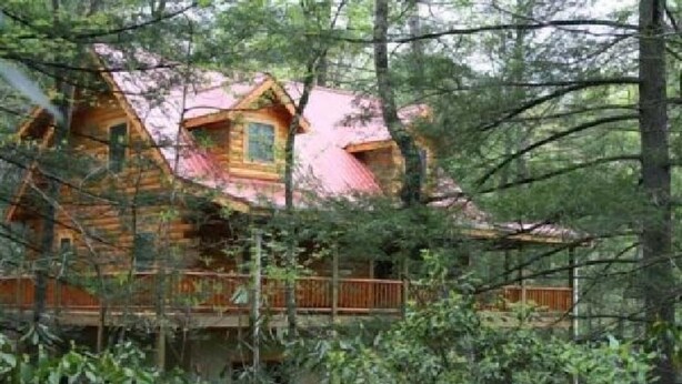 Een rustieke hut met een houten terras en een rood dak, omringd door dicht bos.