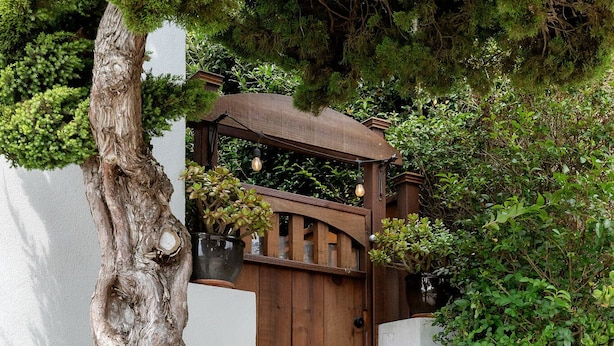 Una verja de madera con un muro blanco y un árbol a la izquierda.