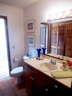 Une salle de bain avec un lavabo blanc, un meuble-lavabo en bois et un grand miroir. On peut voir des tableaux encadrés au mur et des toilettes.