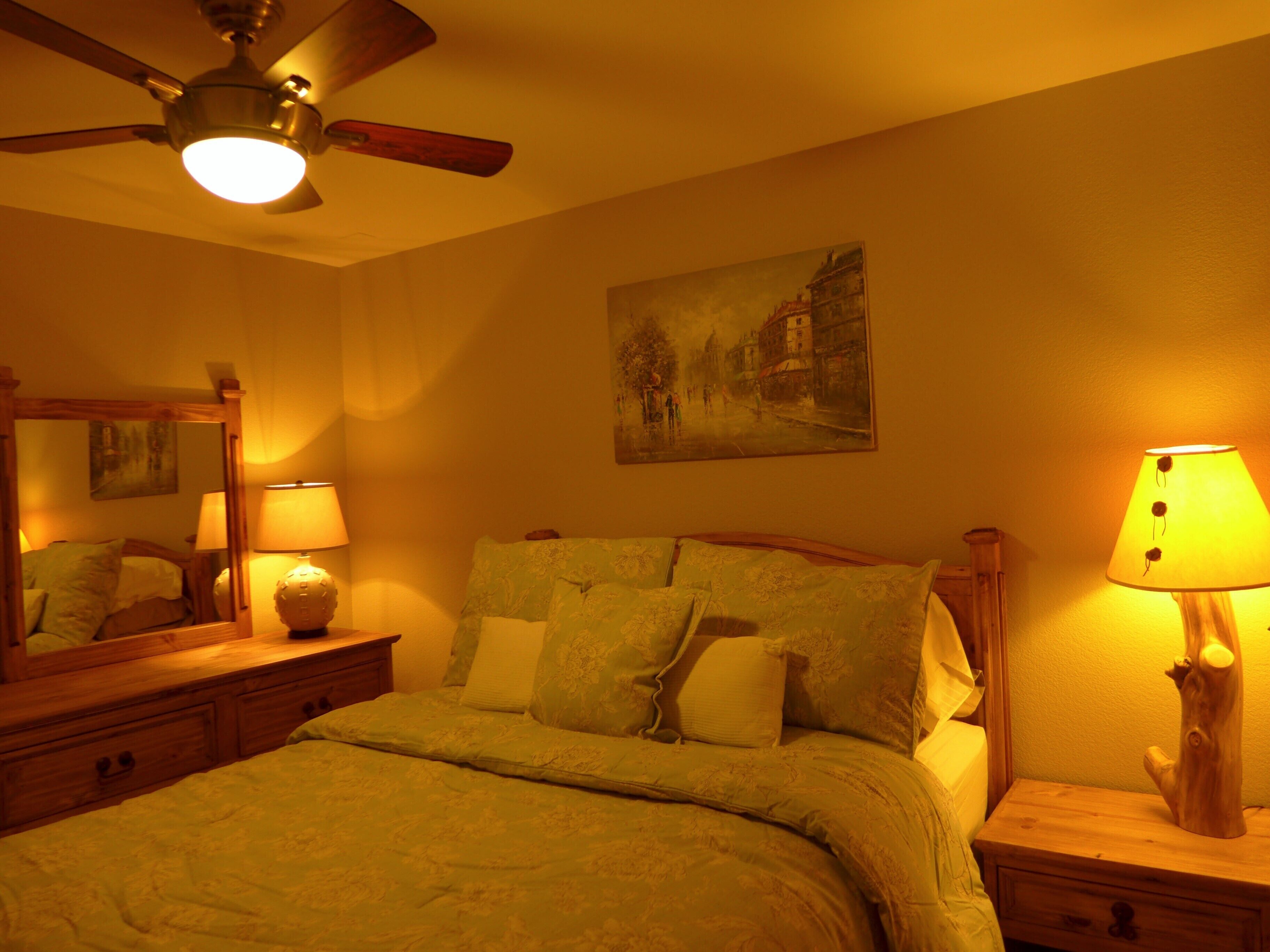 Une chambre à coucher avec un lit, un ventilateur de plafond, une table de chevet avec une lampe et un tableau au mur.