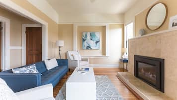 Smart TV, fireplace, books