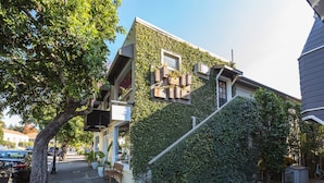 A building with a unique architectural design featuring a staircase wrapped in ivy, a visible entrance with a bench, and a clear view of the street.