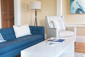 Smart TV, fireplace, books