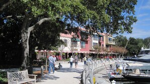 A waterfront promenade with a row of boats docked on the right, a pedestrian walkway, and a building with outdoor seating in the background. - SEA PINES HARBOUR TOWN, NO STAIRS, 175 REVIEWS, IMMACULATE, PRIVATE, AND QUIET! (Sea Pines)