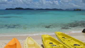 On the beach, sun loungers, beach towels