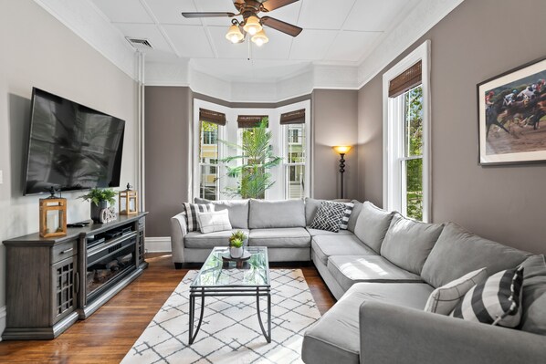 Smart TV, fireplace, video games, DVD player