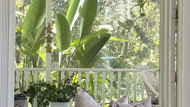 A porch with a white railing, a wicker sofa with cushions, and large green plants. - Spacious Countryside Home Near Sanford - 3BR,2.5BA (Sanford)