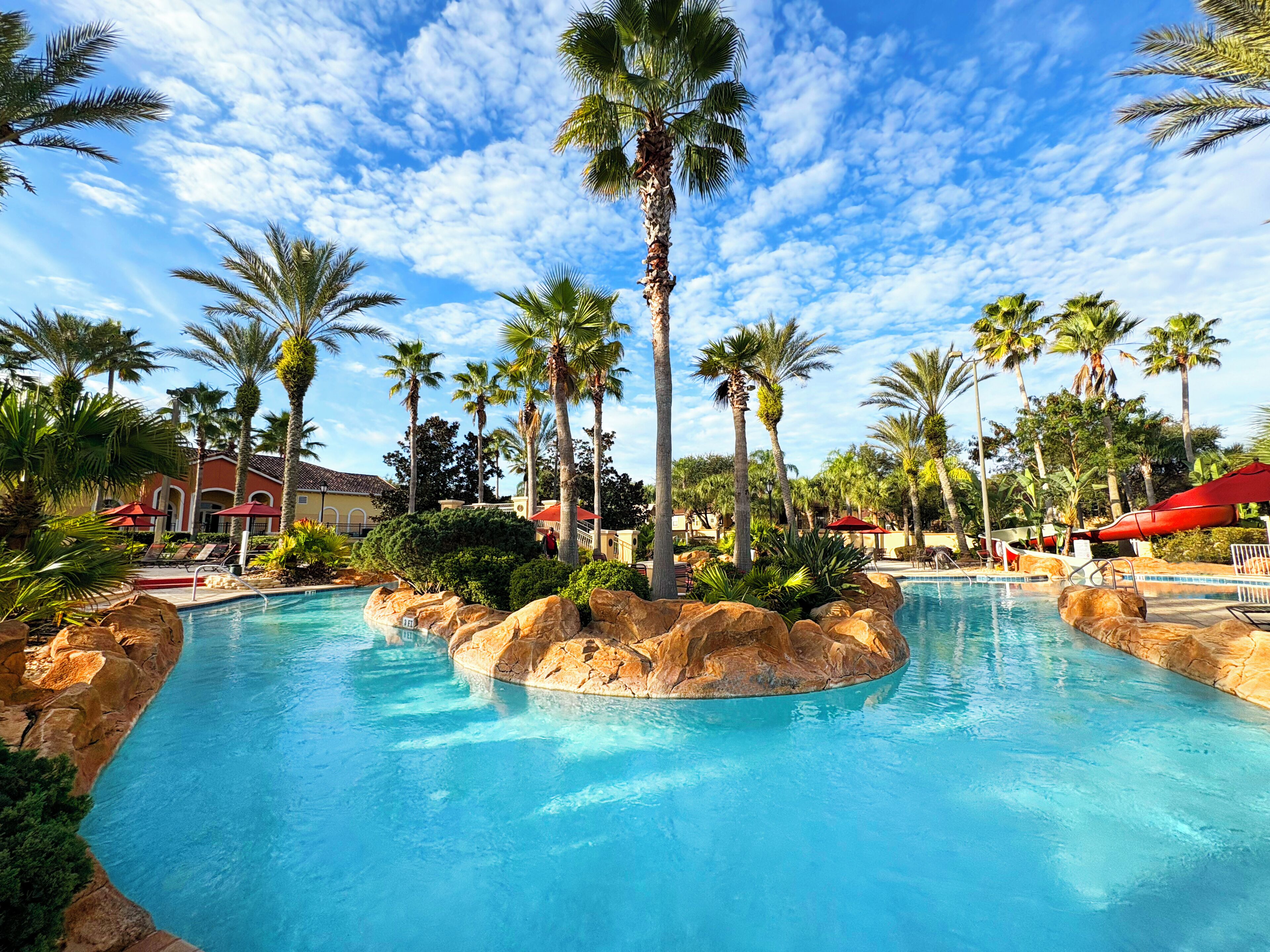 The lazy river goes around the island.