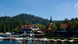 A lakeside town with docked boats, traditional buildings, and a forested hill in the background.
