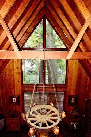 30' High Vaulted Balcony overlooks Living Room, this view from Master Bedroom