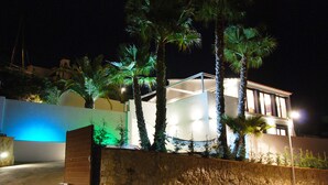 A modern house with a stone wall, palm trees, and a lit balcony. - Modern Seaview Villa With Infinity-Pool (Palamos)