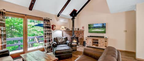 Smart TV, fireplace, video games, DVD player