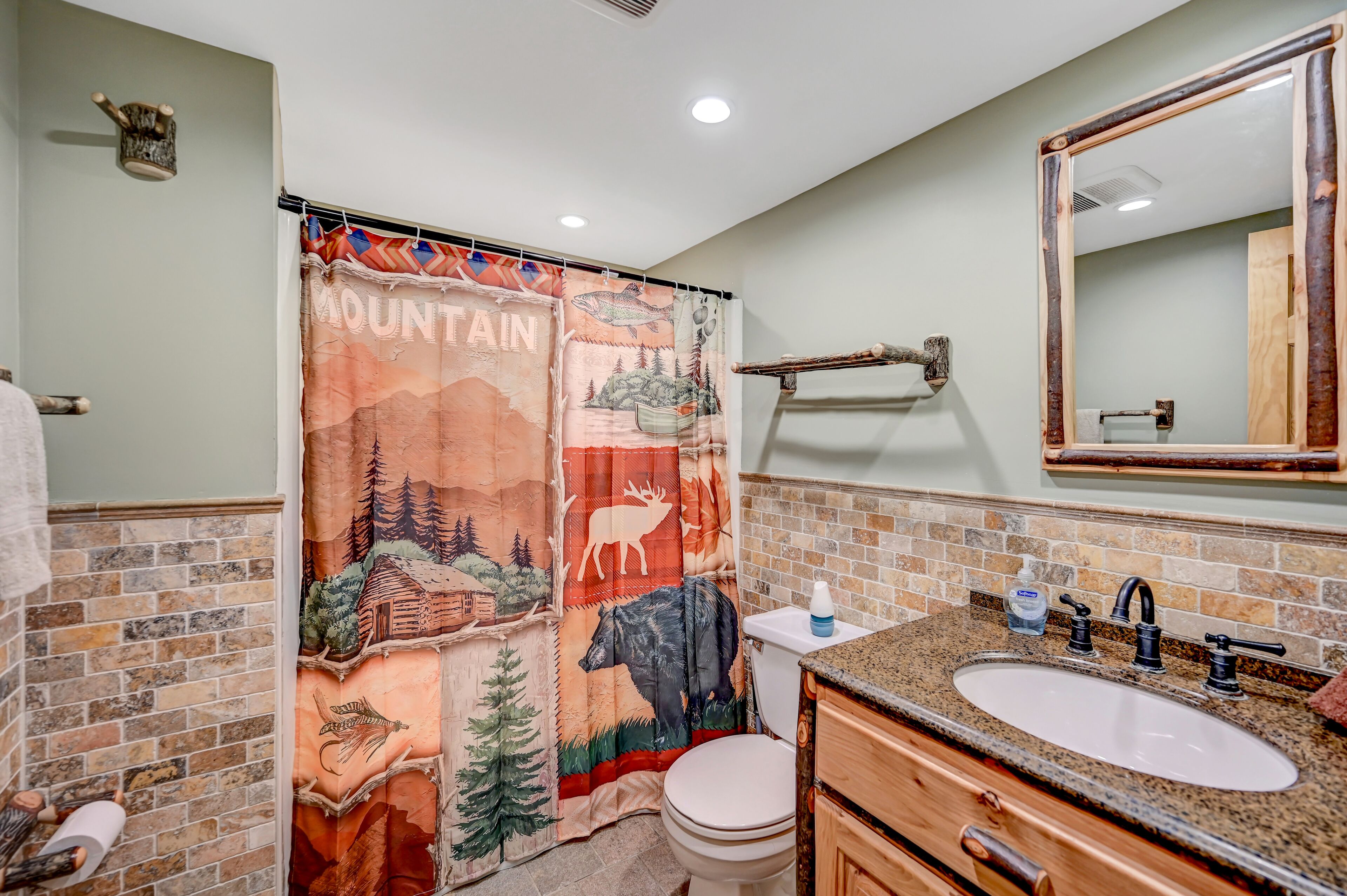 A bathroom with a mountain-themed shower curtain, a sink with a soap dispenser, and a mirror with a rustic frame.