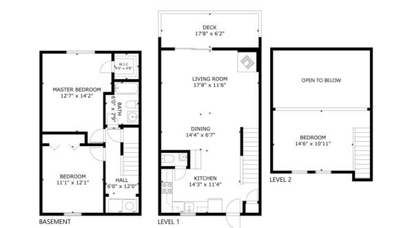 A floor plan of a two-level house with a master bedroom, two bedrooms, a living room, a dining area, a kitchen, a bathroom, a hall, and a deck.