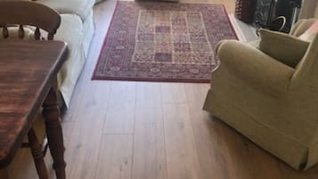 Télévision, cheminée, lecteur de DVD, livres