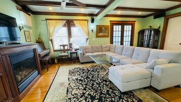 TV, fireplace, DVD player, video library