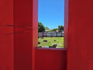 A red wall with a window revealing a fenced yard with grass and a building in the background.