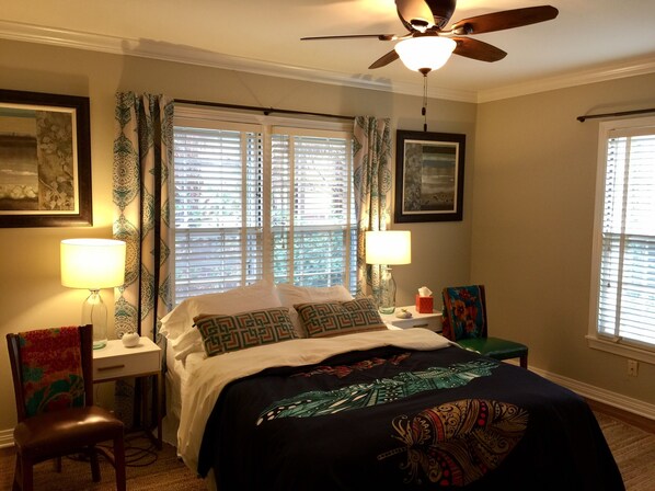 2 bedrooms, memory-foam beds, desk, iron/ironing board