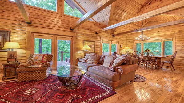 Flat-screen TV, fireplace, video games, DVD player