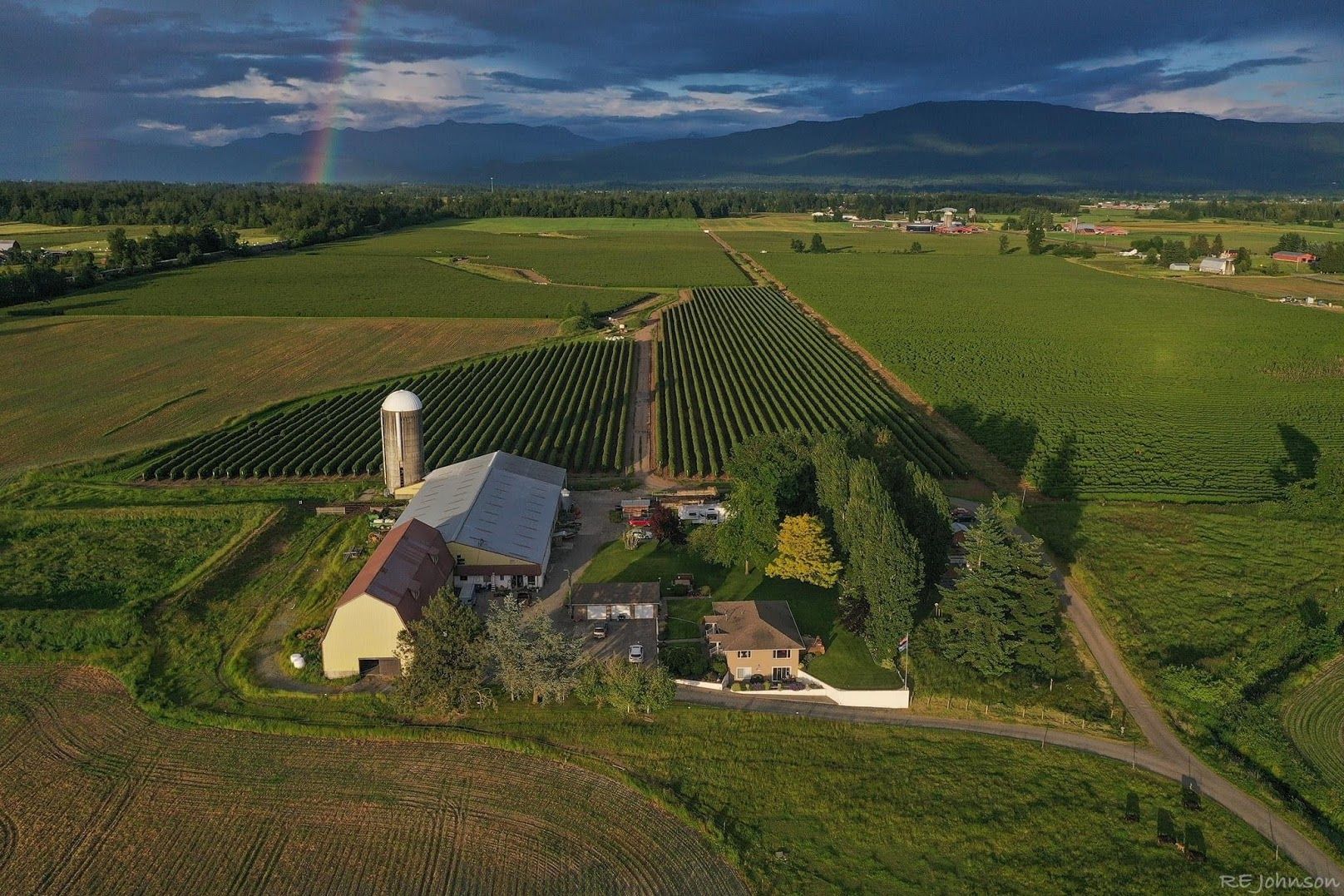 An aerial view of a farm with a silo, a barn, and a house.