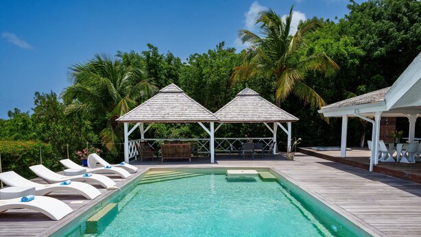 A pool with lounge chairs and a gazebo. - Whispers of the Caribbean: Villa Azur’s Private Pool, Jacuzzi & Timeless Luxury (Les Terres Basses)