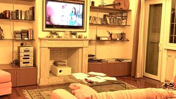 TV LED, lettore DVD, libri, biblioteca musicale