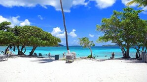 Ein Strand mit klarem türkisblauem Wasser, Palmen und Liegestühlen.