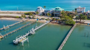 A coastal area with a pier, boats, and buildings with green roofs.