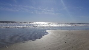 Une plage aux vagues douces et sous un ciel dégagé.