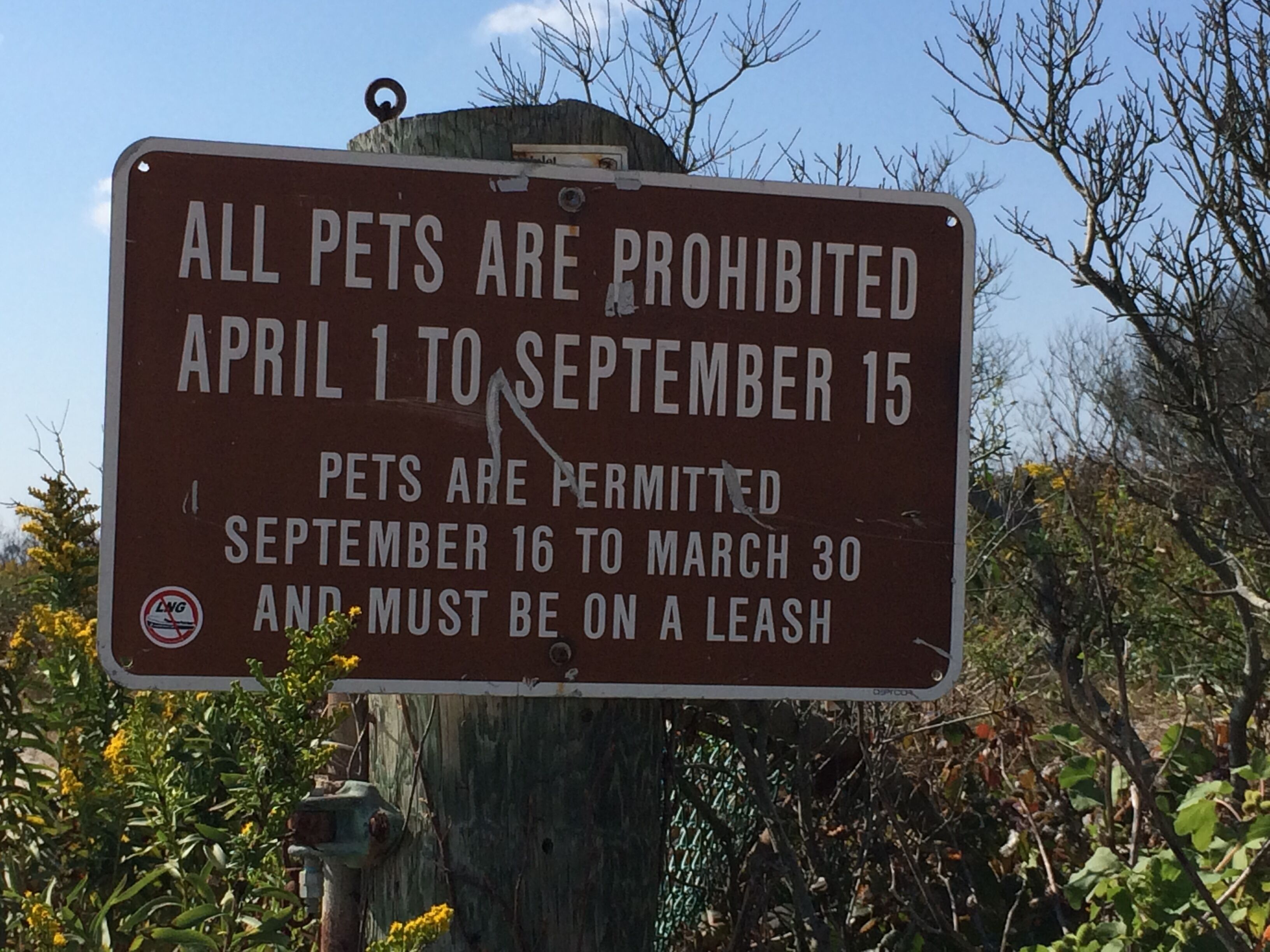 A sign prohibiting pets from April 1 to September 15, with exceptions from September 16 to March 30.