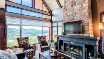 Smart TV, chimenea, reproductor de DVD y libros