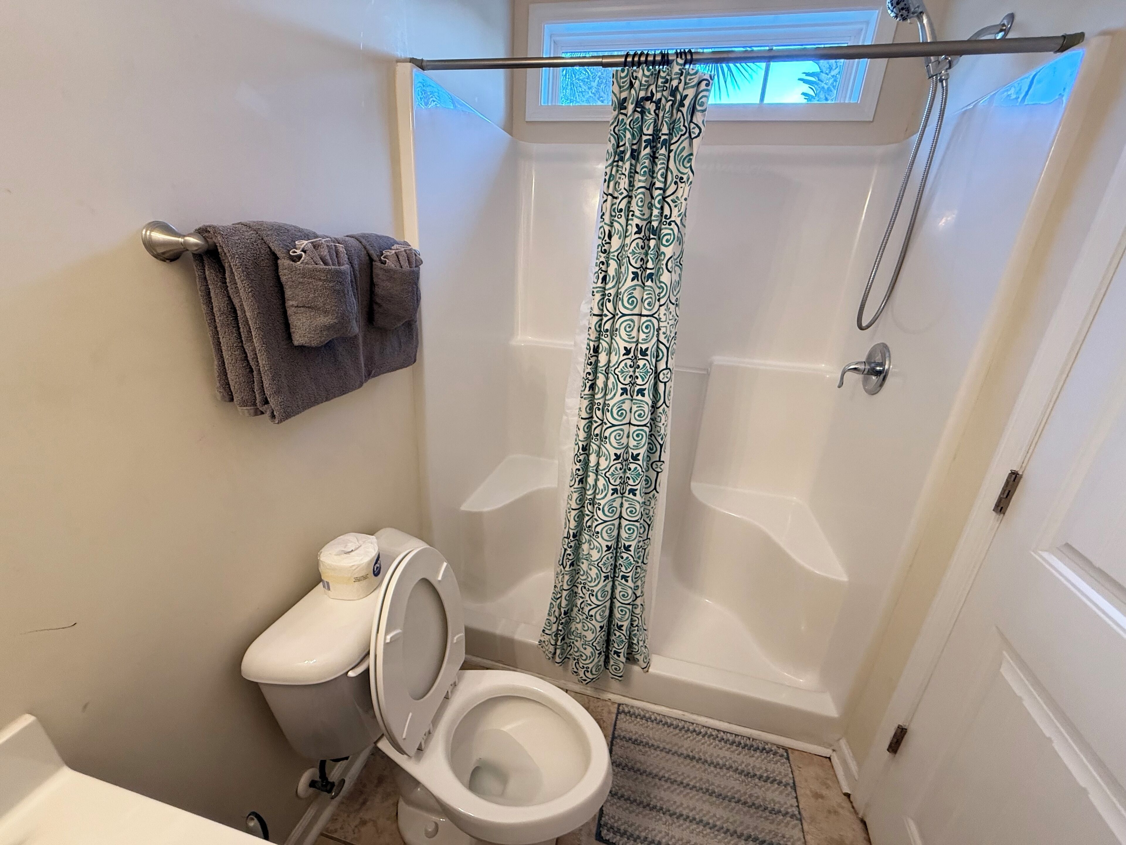 A bathroom with a shower, toilet, and a window with a view.