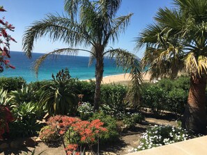 On the beach, sun loungers, beach towels