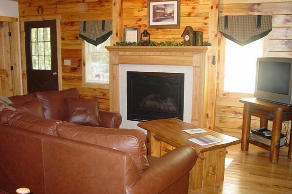 Smart TV, fireplace, books, stereo