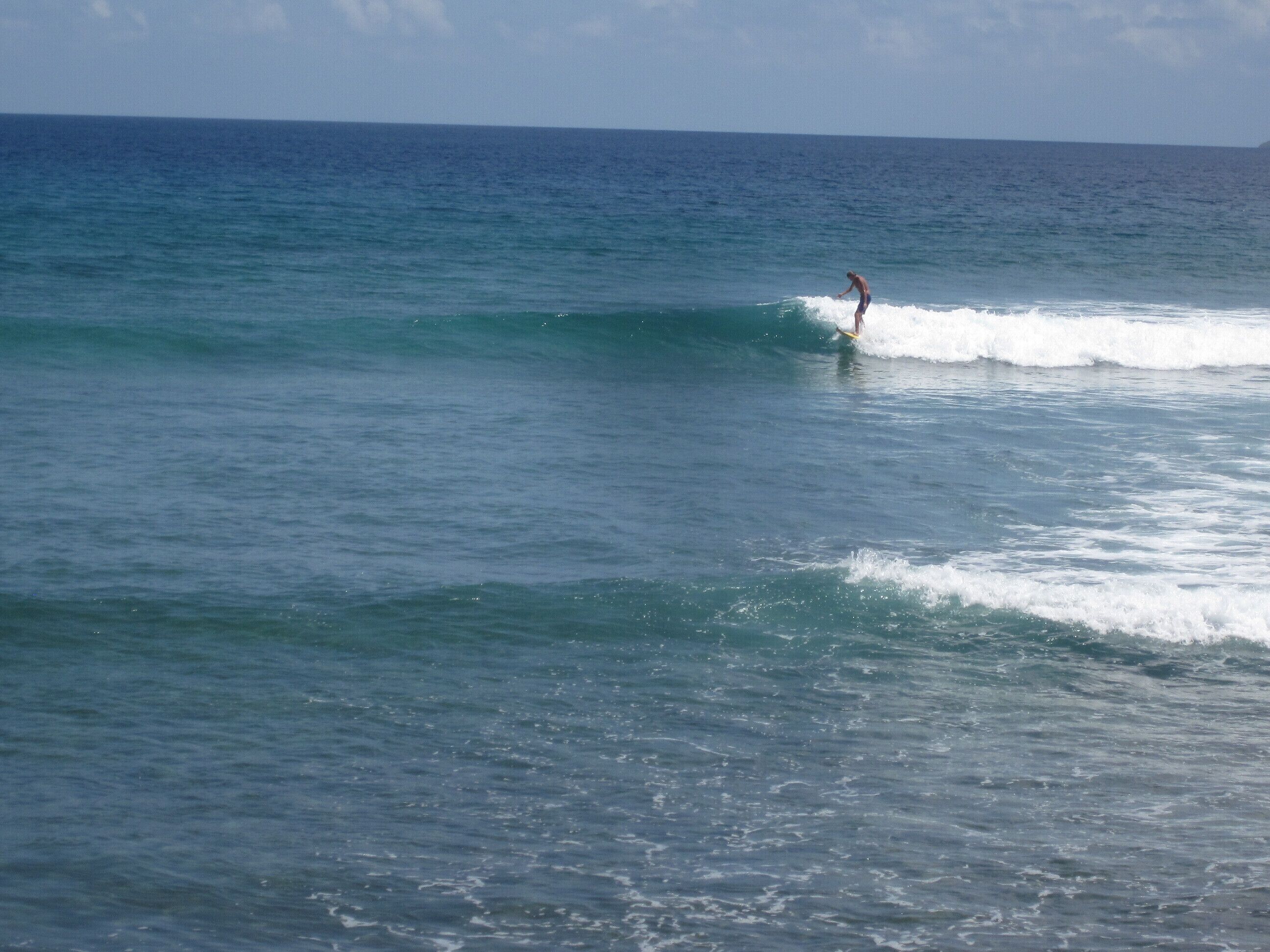 Une scène de plage où l'on voit un surfeur chevauchant une vague.
