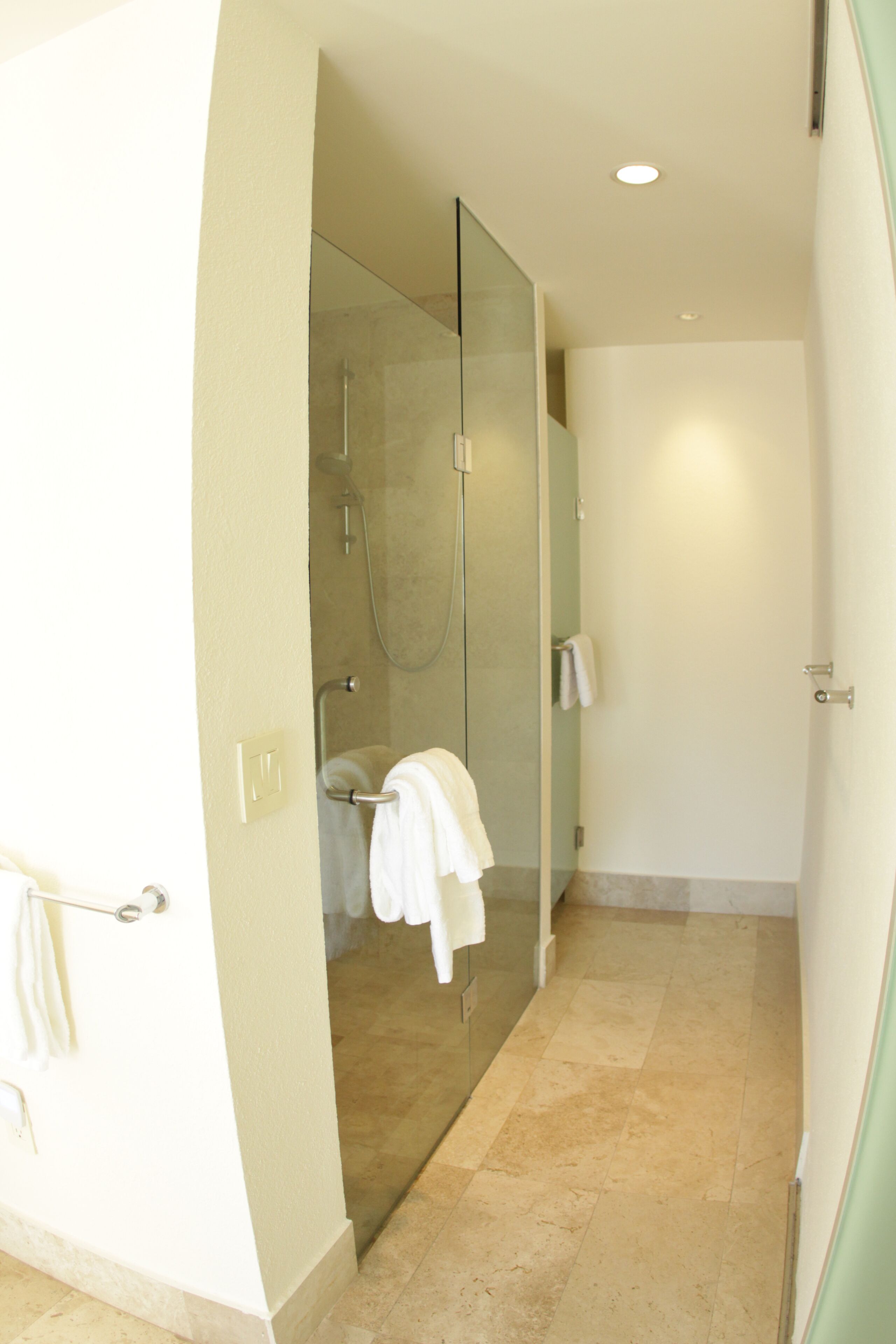 A modern bathroom with a glass shower enclosure, a visible toilet, and a towel rack.