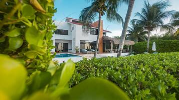 Una casa moderna con piscina, rodeada de exuberante vegetación y palmeras.