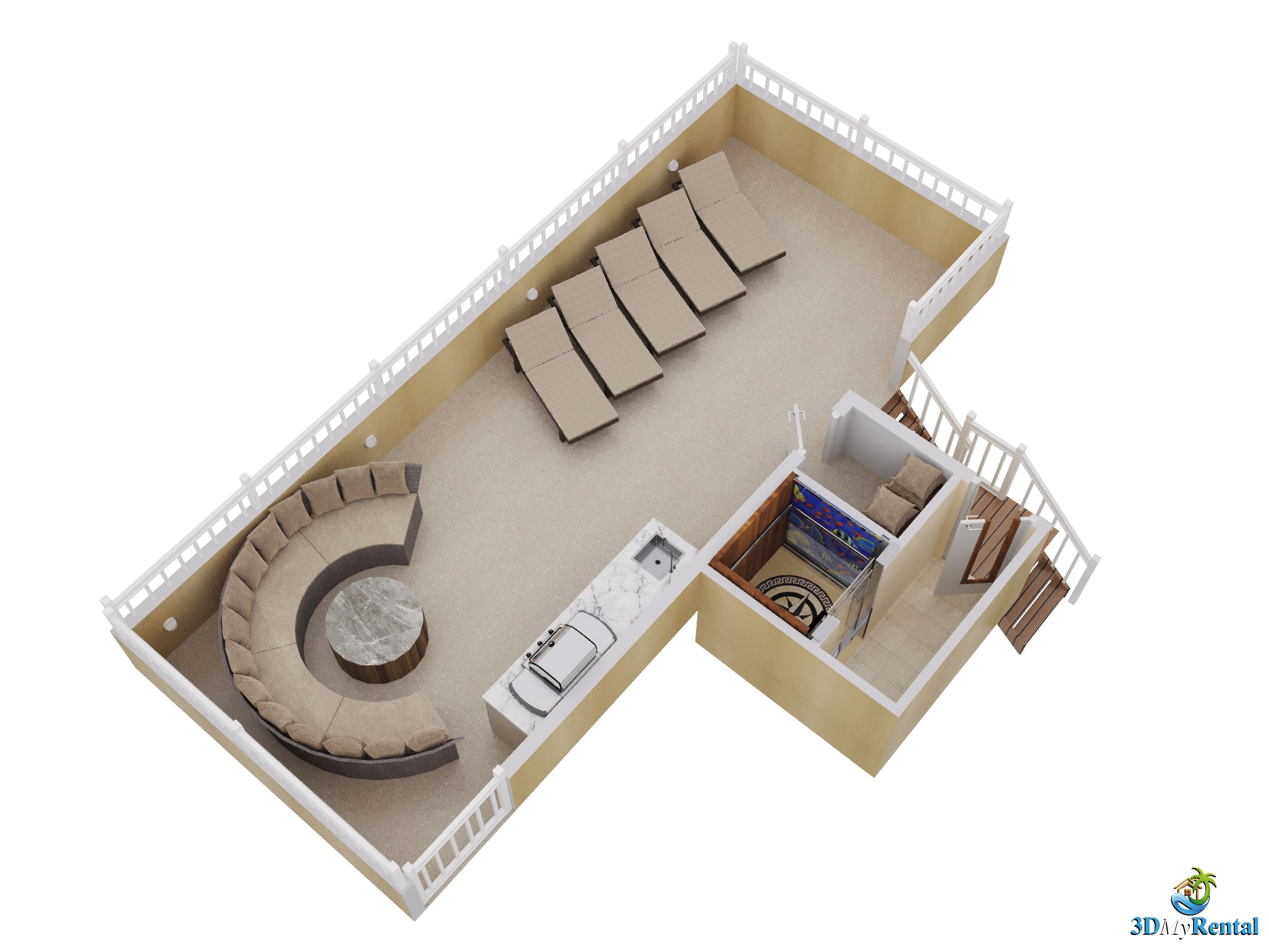 A 3D model of a compact apartment with a curved seating area, a small kitchen, and a separate sleeping area.