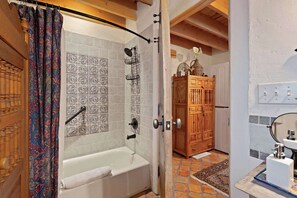 Shower, hair dryer, shampoo