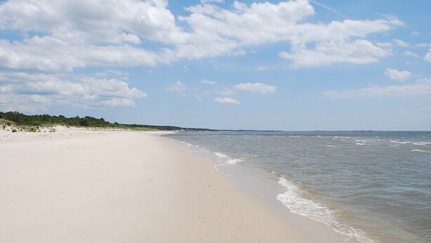 A wide sandy beach with gentle waves, a clear sky, and a distant pier. - Family vacation retreat w/ In-ground Pool with private Chesapeake Bay access! (Cape Charles)