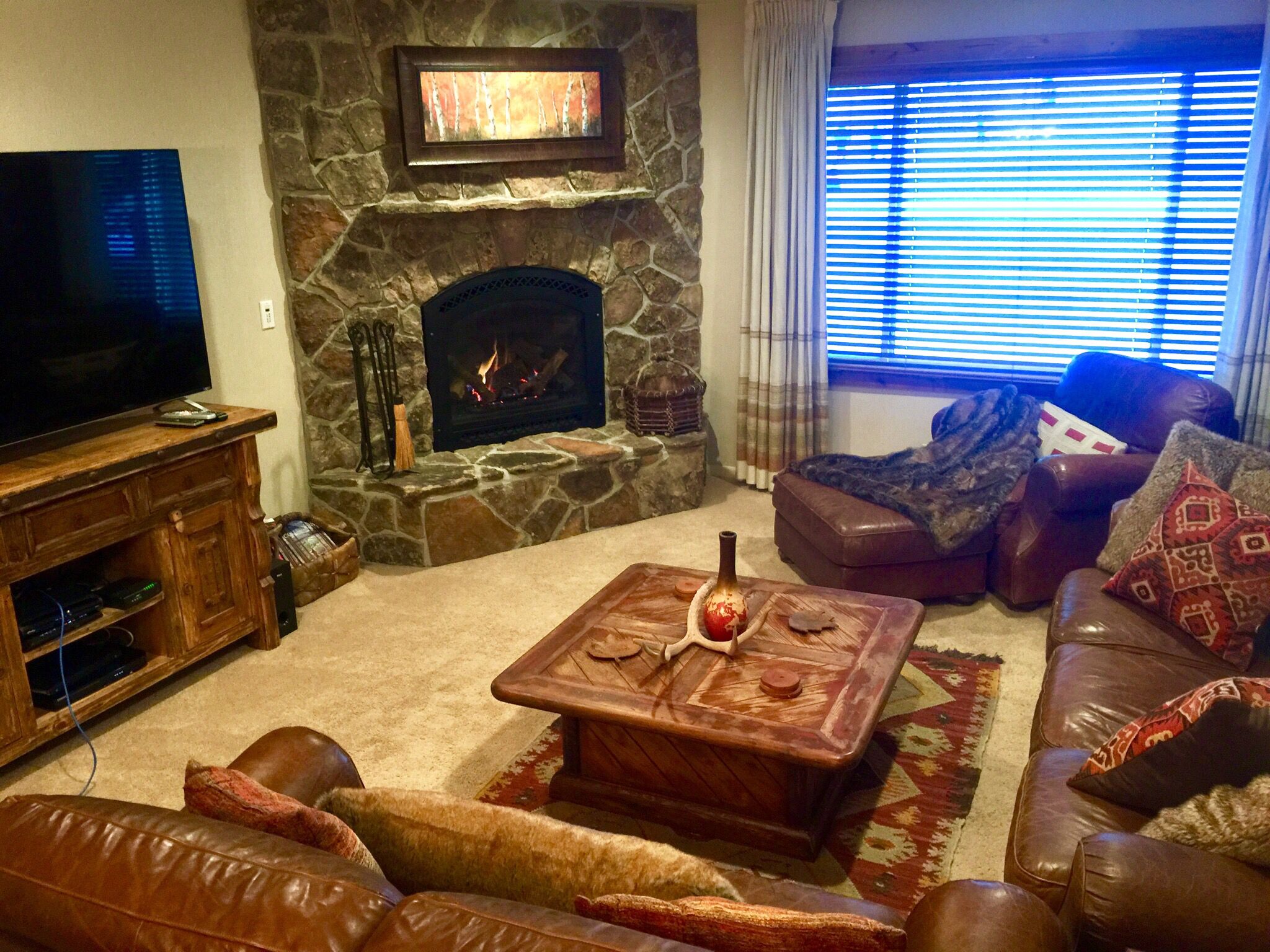 Smart-tv, een open haard, een dvd-speler en boeken