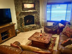 TV connectée, cheminée, lecteur de DVD, livres