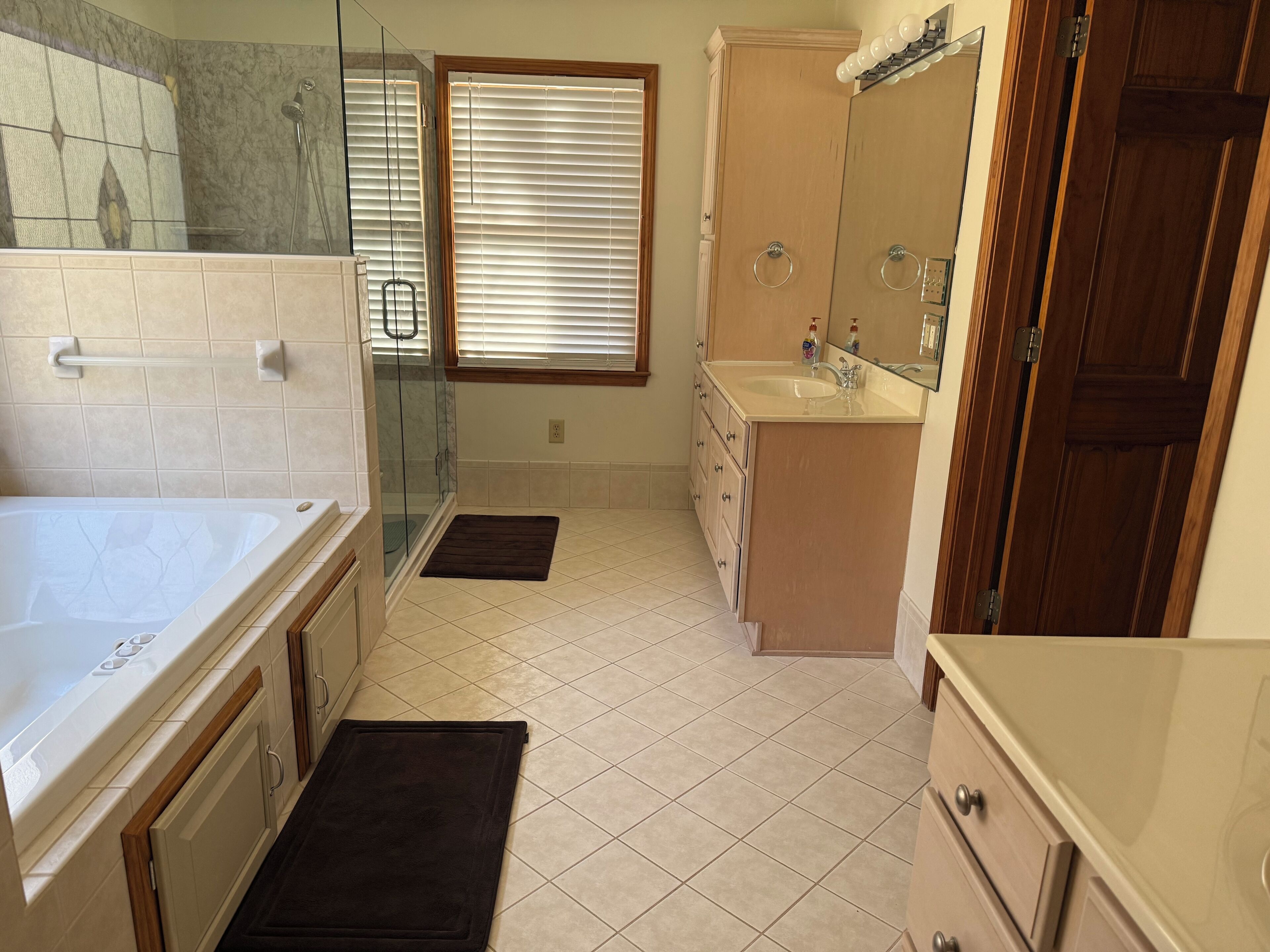 Combined shower/bathtub, jetted bath, hair dryer, towels