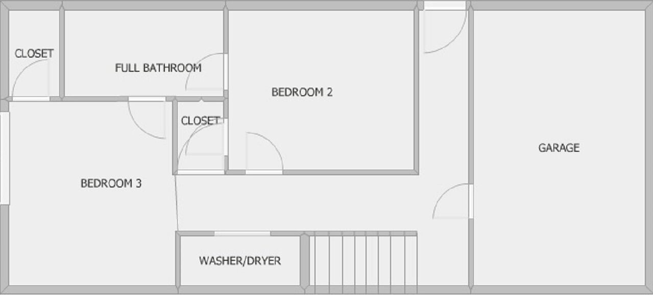 A floor plan with three bedrooms, two closets, a full bathroom, a garage, and a washer/dryer area.