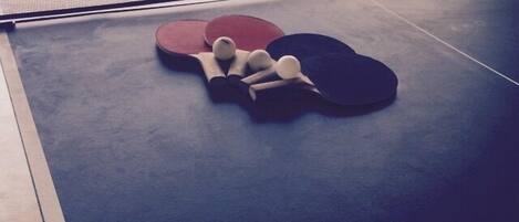 Mesa de ping pong con pelotas y paletas en una habitación con vista a palmeras.