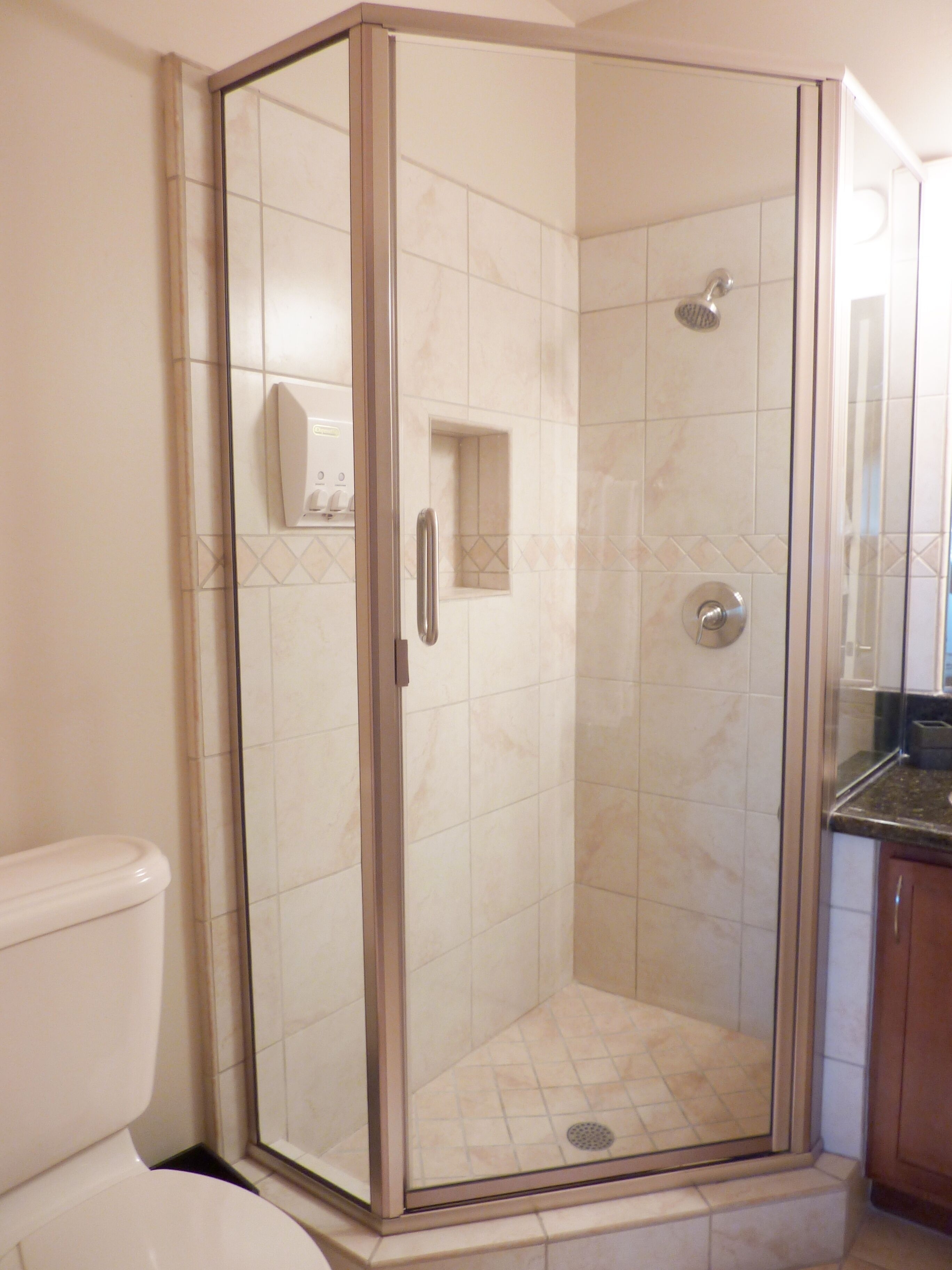 A glass-enclosed shower stall with a toilet to the left and a countertop with a sink to the right.