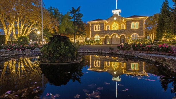 Un bâtiment historique avec un étang et des arbres illuminés.